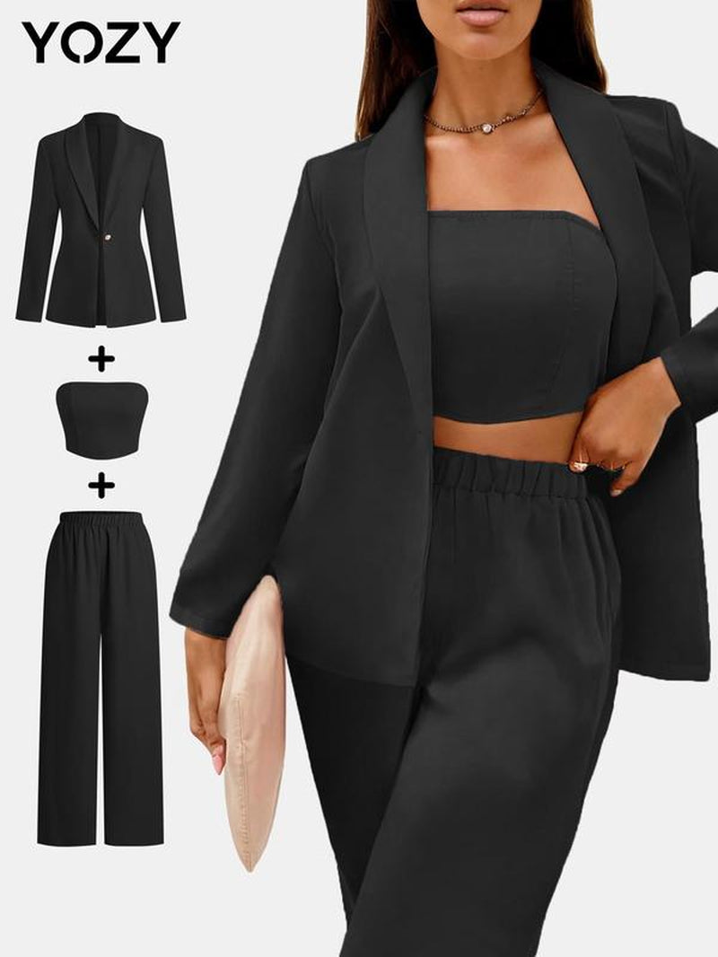 YOZY [Size 4-14] Solid Button Front Blazer & Shirred Crop Tube Top & Elastic Waist Pants Set/ Elegant Fashion Casual Outfits, 2024 Women'S All Seasons Outfits for Daily Outdoor Wear, [S-XXL]