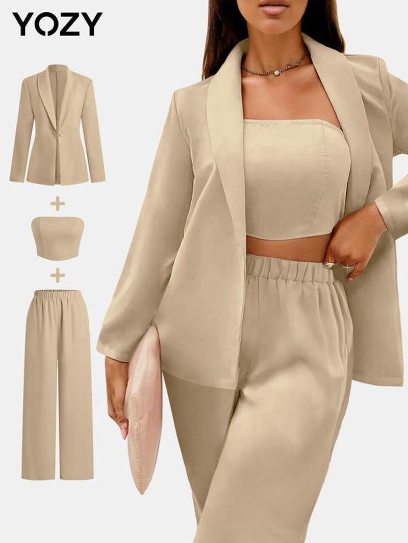 YOZY [Size 4-14] Solid Button Front Blazer & Shirred Crop Tube Top & Elastic Waist Pants Set/ Elegant Fashion Casual Outfits, 2024 Women'S All Seasons Outfits for Daily Outdoor Wear, [S-XXL]