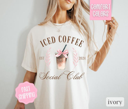 Iced Coffee Social Club Shirt, Coquette Coffee Shirt, Coffee Weather, Women'S Oversized Shirt, Coquette Aesthetic