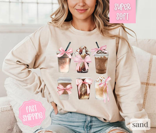 Iced Coffee Sweatshirt, Coffee Lover Shirt, Coquette Clothing, Cute Coffee Crewneck, Gift for Girlfriend, Leggings Outfit Fabric Womenswear Comfy