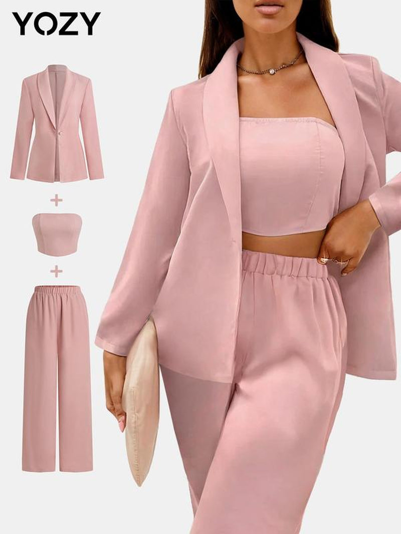 YOZY [Size 4-14] Solid Button Front Blazer & Shirred Crop Tube Top & Elastic Waist Pants Set/ Elegant Fashion Casual Outfits, 2024 Women'S All Seasons Outfits for Daily Outdoor Wear, [S-XXL]